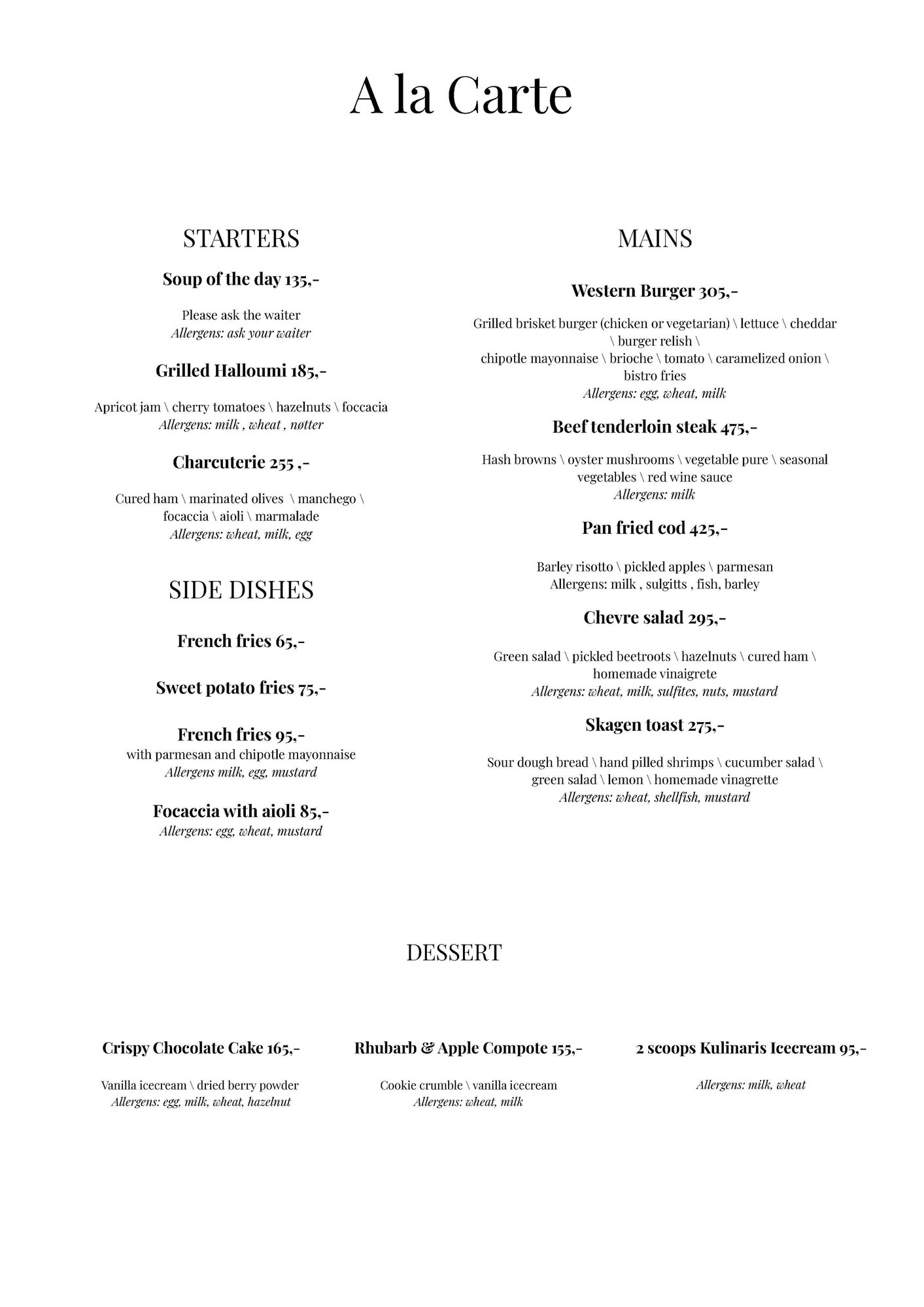 Restaurant meny vår 26